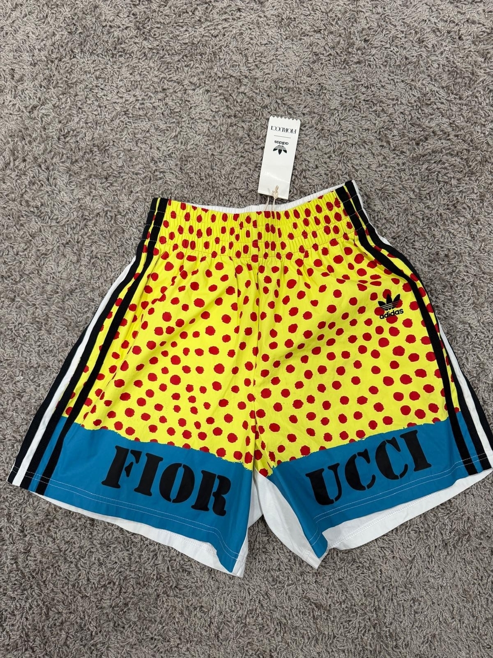 Fiorucci Yellow Shorts with Red Spot Print.